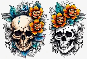Old school center Knee tattoo with skulls, flowers, water shapes and fall colors tattoo idea