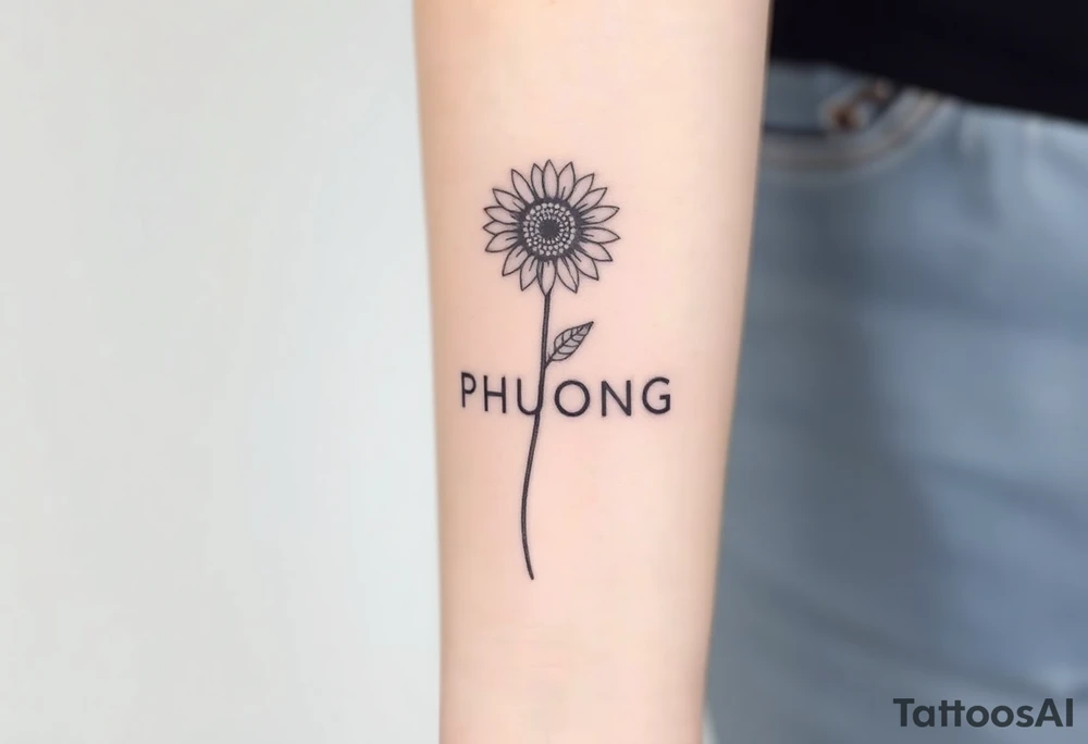 Word "PHUONG" written vertical with the sunflower. tattoo idea