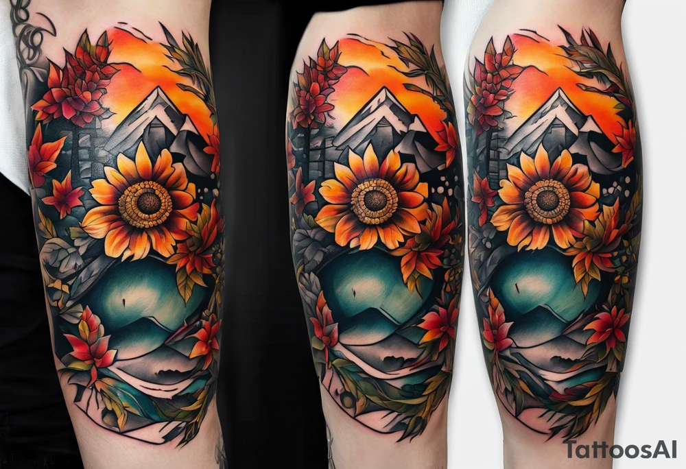 knee tattoo in fall color masculine tattoo idea