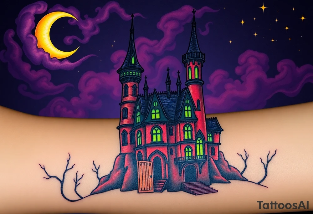 Tim Burton’s sleeping beauty’s haunted castle is abandoned and dripping with muted reds, dusty pinks, and eerie green glow.purple and cyan smokey clouds swirl in the crescent moonlit sky thats sprinkled with stars tattoo idea tattoo idea
