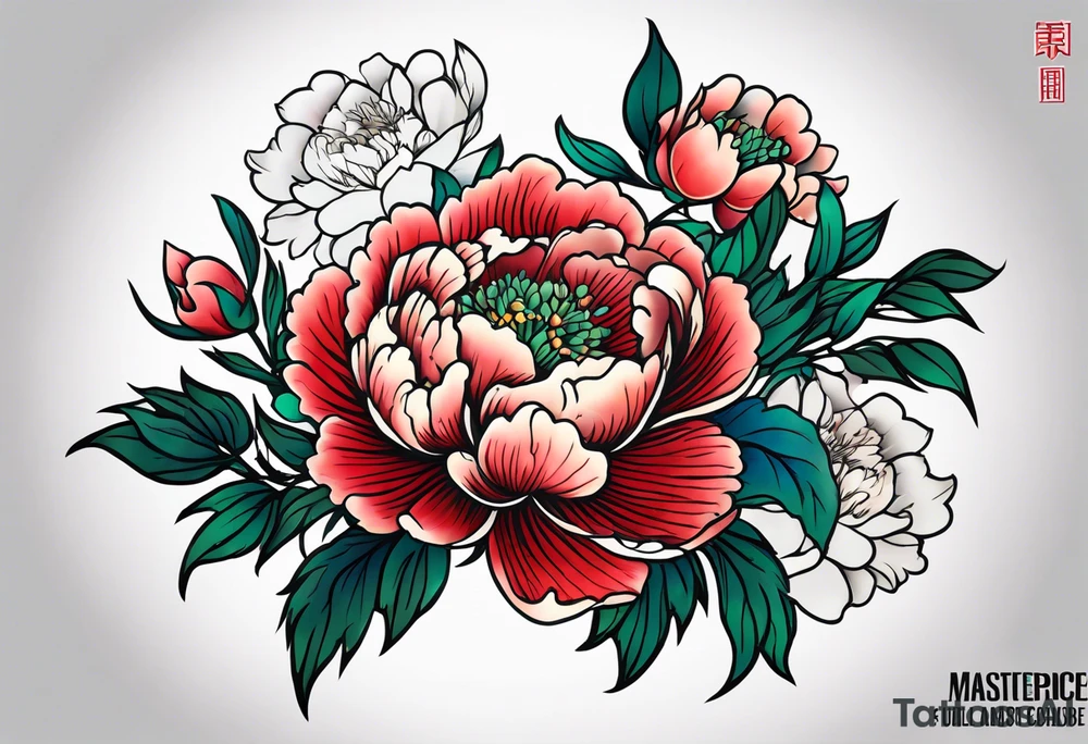 Shoulder and forearm tattoo for woman. Japanese style peony flowers bunch with stems extended to the forearm. Lightly coloured. Thin lines. tattoo idea