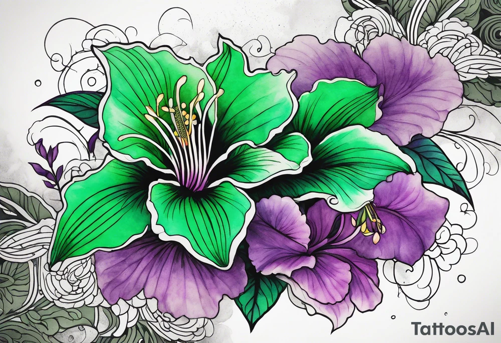 A mystical outline of a green with a bit of purple rio dipladenia flower and a green and purple watercolor splash in the background tattoo idea