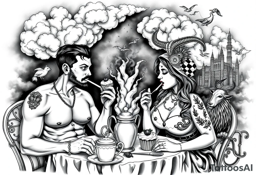 Mystical Naked Man and woman eating cupcakes fruit  having sex clouds gothic sexy naked fat lady having a tea party with tea pot and Victorian castle explosions
with a piggy, peacock, noose, lion, goat, smoking cigerettes looking in the mirror thru storm clouds with razor blades and broken hearts and darkness and wrath, envy , gluttony, greed, sloth, pride kill tattoo idea