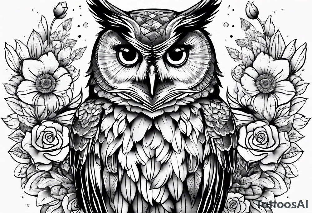 female owl with flowers tattoo idea