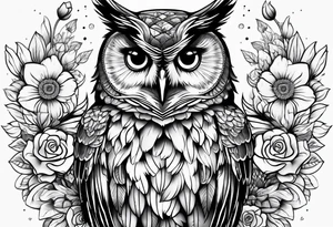 female owl with flowers tattoo idea