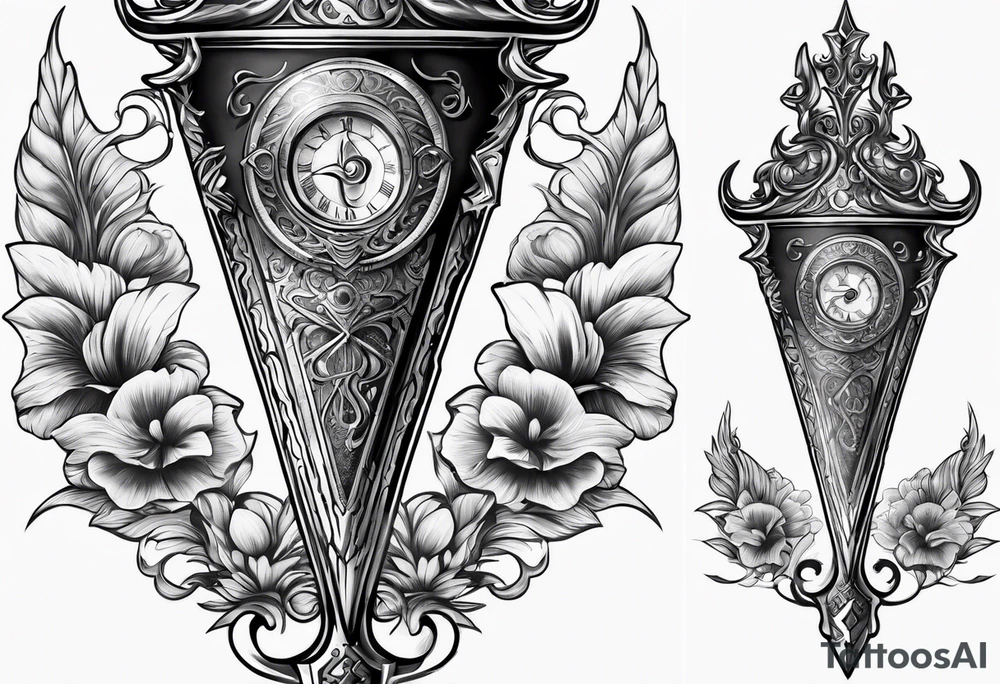 Dagger with Hourglass on hilt and shadow cloak blade tattoo idea Dagger with Hourglass on hilt and shadow cloak blade tattoo idea
