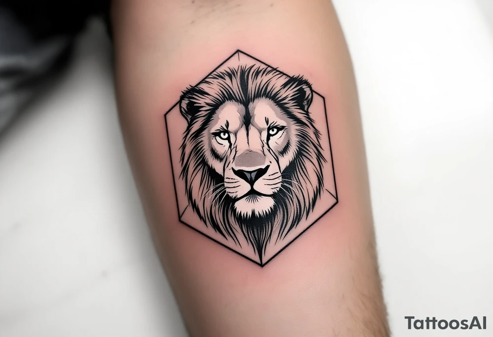 A Czech lion inside a hexagonal frame, combining realism and modern minimalism, with subtle Czech national colors. tattoo idea