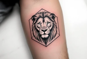 A Czech lion inside a hexagonal frame, combining realism and modern minimalism, with subtle Czech national colors. tattoo idea