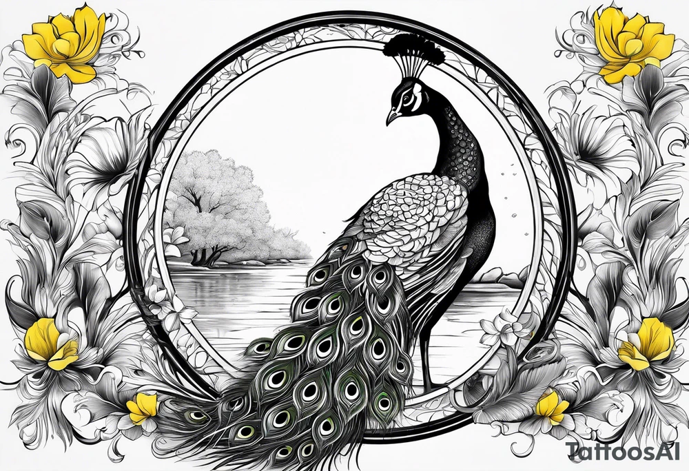 peacock along side a flowing  long river with a woman sitting at the end of it wearing a yellow dress and a handheld mirror in her hands tattoo idea