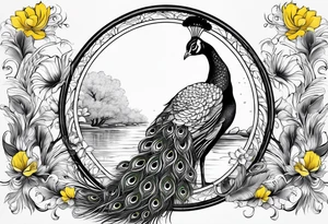 peacock along side a flowing  long river with a woman sitting at the end of it wearing a yellow dress and a handheld mirror in her hands tattoo idea