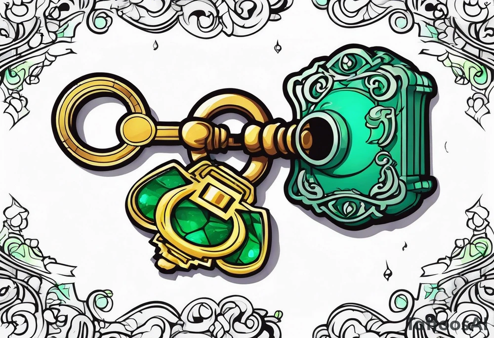 Lock and key with emerald stone tattoo idea