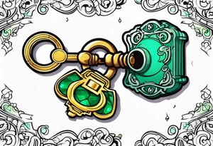 Lock and key with emerald stone tattoo idea