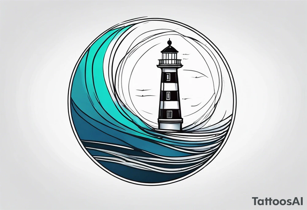 lighthouse fluid lines and circle framed, colored tattoo idea