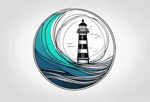 lighthouse fluid lines and circle framed, colored tattoo idea