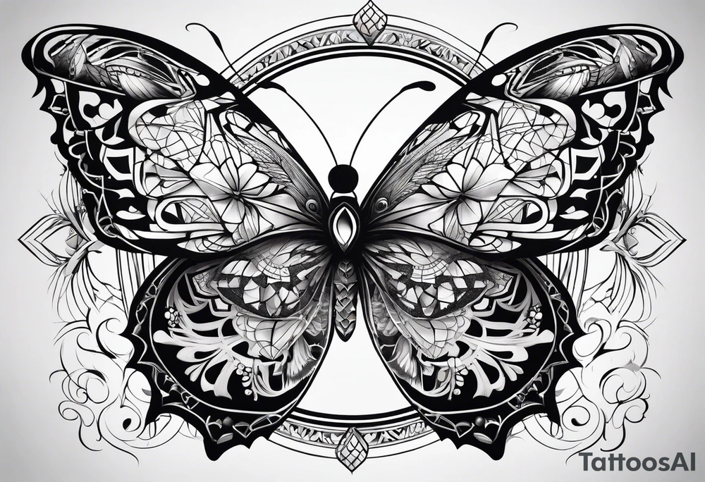 butterfly on the background of the mandala diamond network tattoo idea
