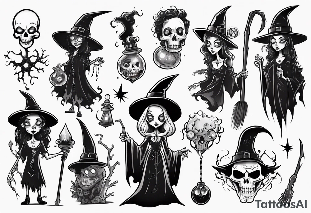a Tim Burton-style witch necromancer tattoo idea