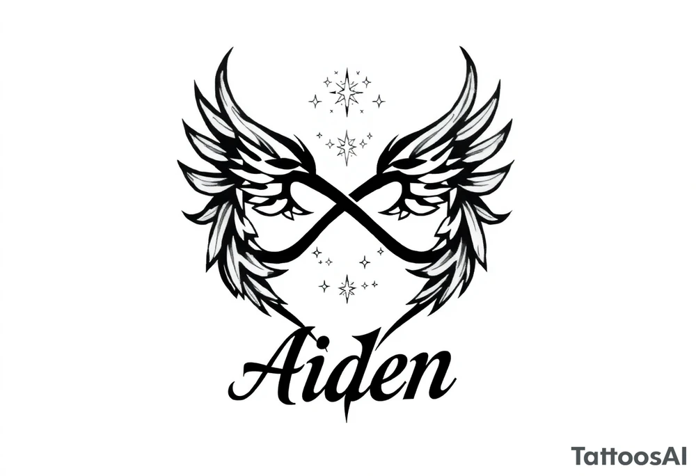 infinity symbol woven with floating feathers and stardust and the name Aiden tattoo idea