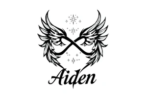 infinity symbol woven with floating feathers and stardust and the name Aiden tattoo idea