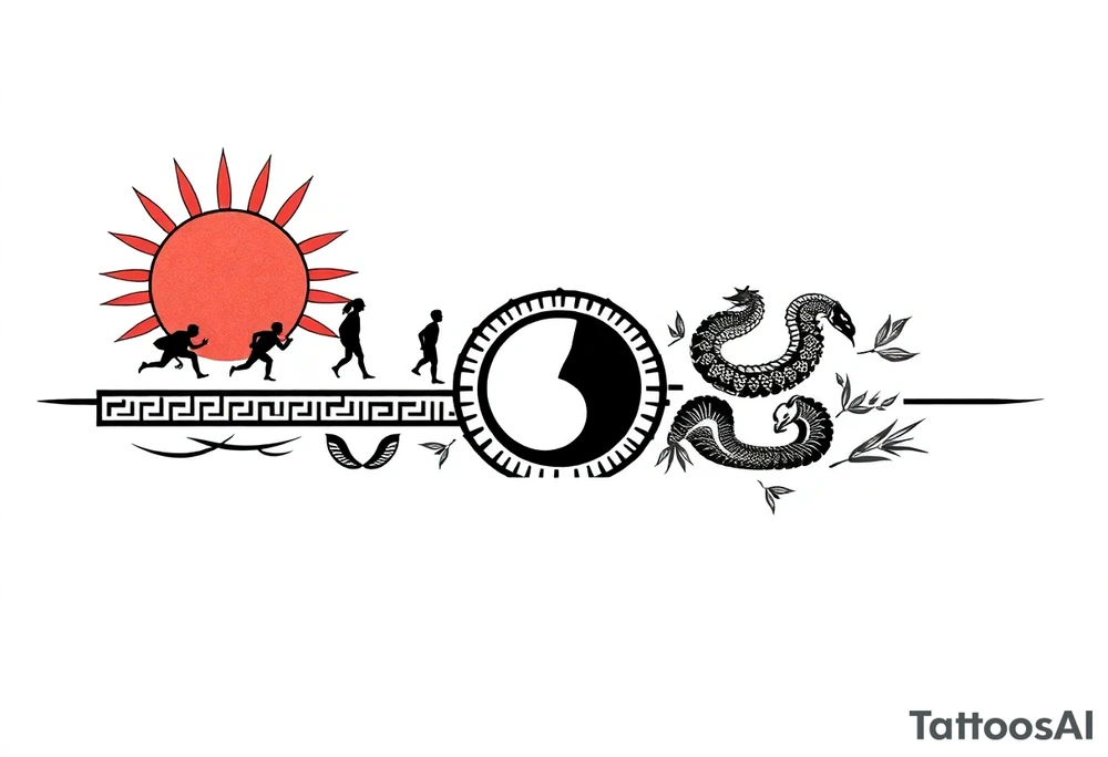 Forearm tattoo stencil, ultra-thin horizontal band (ratio 10:1), black and red line art.  
TOP EDGE (DAY):  
- Large red Greek sun with sharp neo-tribal spikes,  
- Tiny running human silhouettes (angular style),  
- Phoenix bird feathers integrated into meander.  

BOTTOM EDGE (NIGHT):  
- Black crescent moon with dotwork shading,  
- Ouroboros snake with dragon scales,  
- Meditating figure (silhouette).  

CENTER:  
- Greek meander pattern connecting all elements,  
- Hidden Bagua trigrams in corners (black),  
- Bamboo stalks as "Tree of Life" (red).  

Seamless repeating design, NO background, pure line art.  
Style: Neo-tribal meets ancient Greek and Chinese ink art. tattoo idea