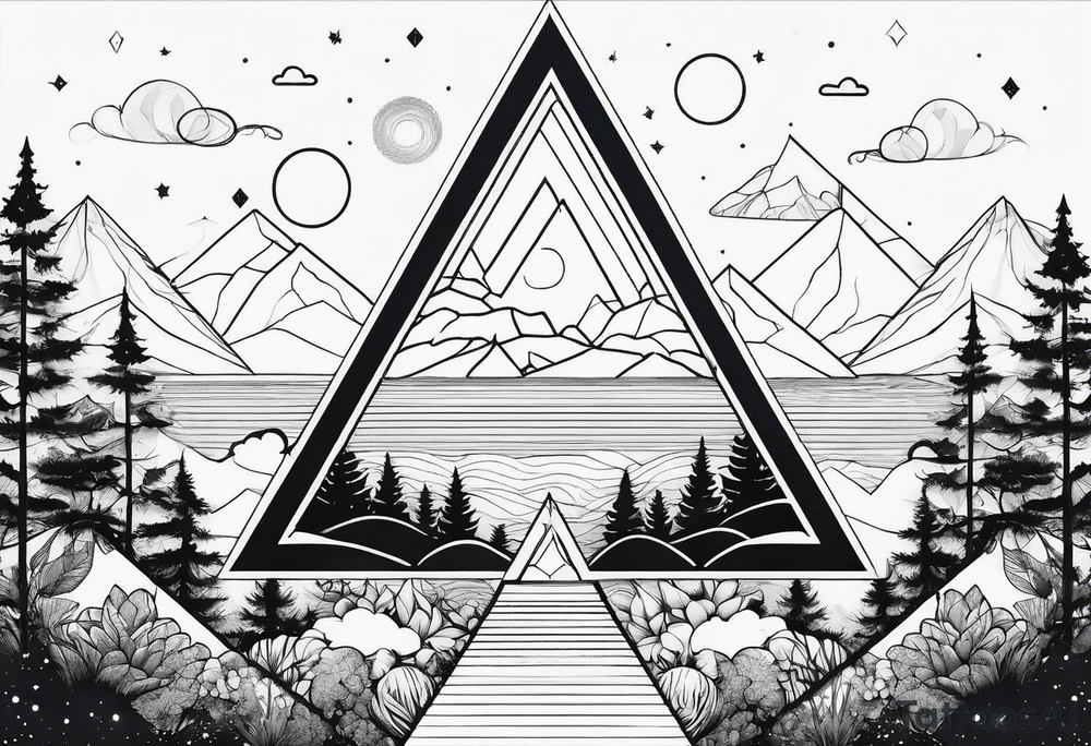 minimal thick line art of space and nature in triangle shape tattoo idea