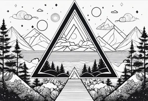 minimal thick line art of space and nature in triangle shape tattoo idea