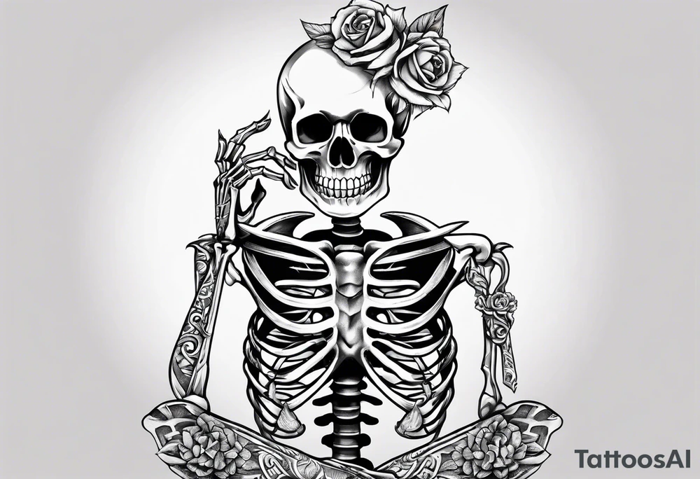 a full body skeleton sitting with his heart in his hand tattoo idea
