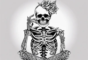 a full body skeleton sitting with his heart in his hand tattoo idea