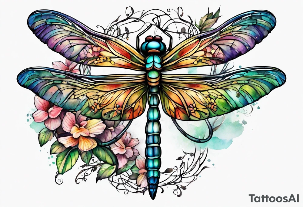 Feather dragonfly vine tattoo idea