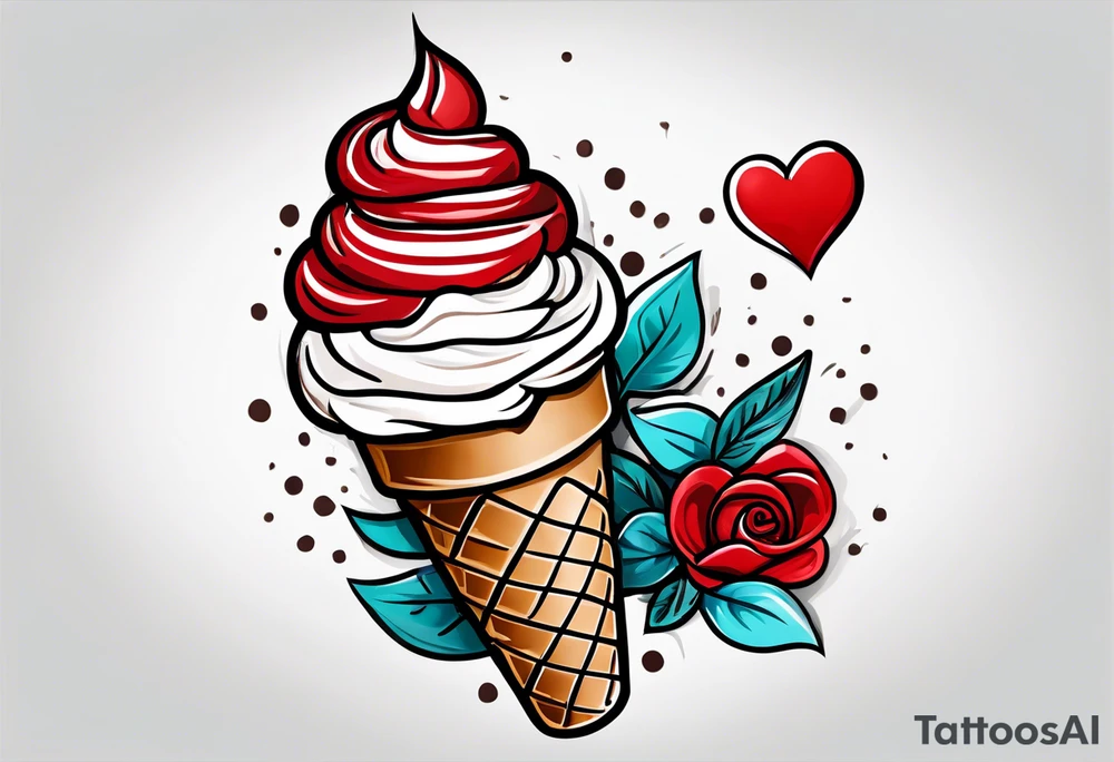 sketch chocolate chip ice cream cone with one red heart tattoo idea