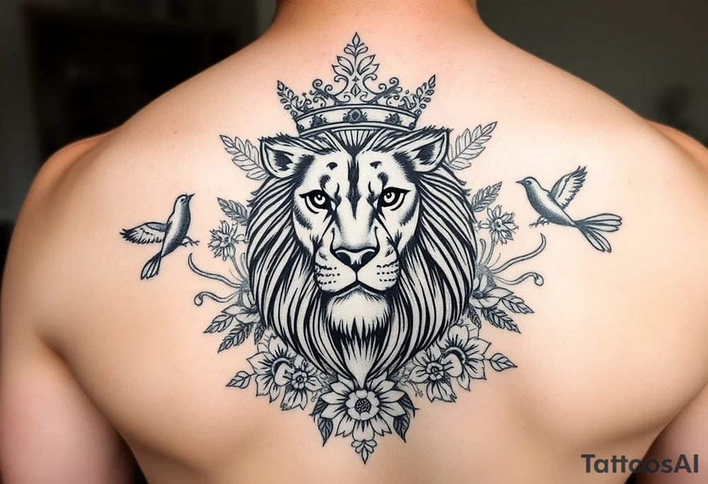 powerful majestic lion with a crown, surrounded by floral ornaments and birds tattoo idea