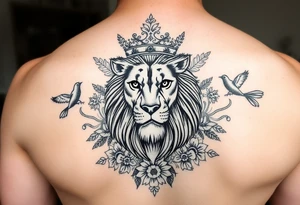 powerful majestic lion with a crown, surrounded by floral ornaments and birds tattoo idea