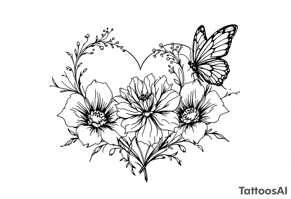 Flowers, heart and buttherfly with name Zackary and Charlie tattoo idea