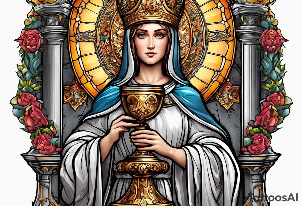 holy saint barbara with canons behind her and a chalice tattoo idea