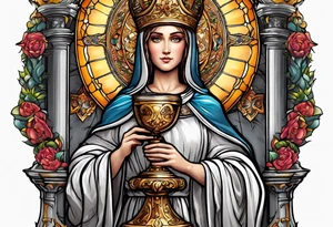 holy saint barbara with canons behind her and a chalice tattoo idea