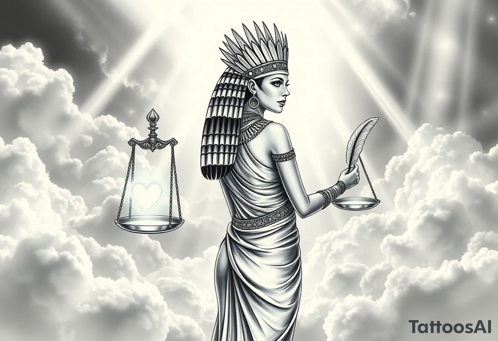 beautiful Egyptian goddess stands with her back slightly turned, accentuating her figure. Wearing a silk gown. She wears an elaborate ostrich feather headdress and ornate, intricate ancient Egyptian jewelry draped across her body. Her expression is mysterious and confident. In one hand, she holds the Scales of Justice: one side holds a radiant, glowing heart; the other, Ma’at’s feather. The scales themselves shimmer with an otherworldly light.
The background is a surreal, heavenly landscape filled with luminous clouds and beams of divine light piercing through, creating dramatic contrasts of deep shadows and highlights. The entire scene is bathed in an ethereal, mystical glow, with a dreamlike, almost supernatural atmosphere. tattoo idea