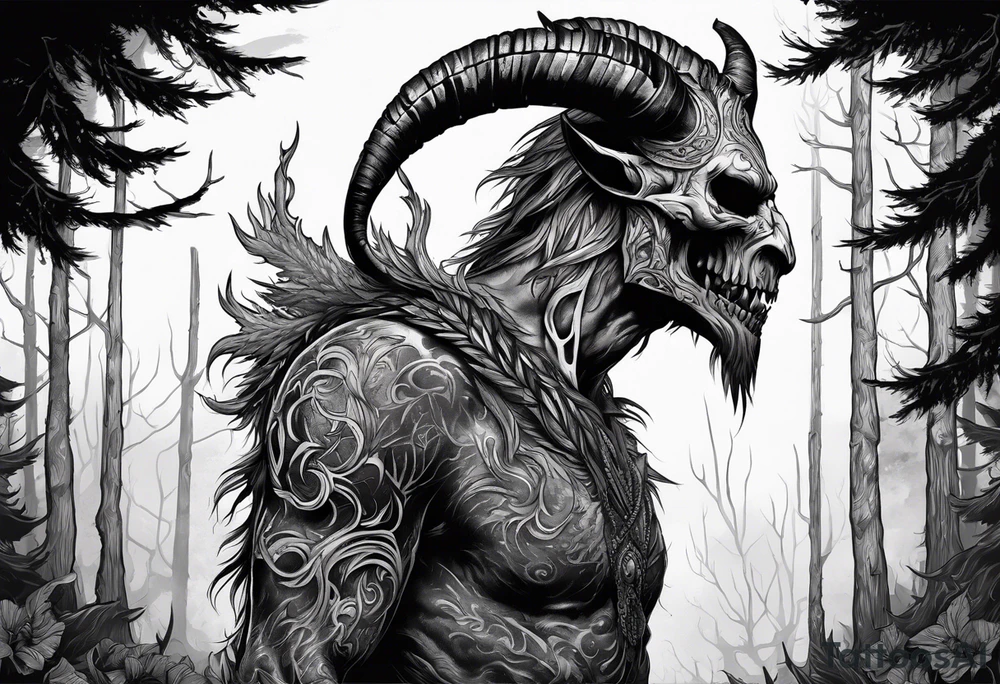 A scary terrifying horrifying rotting bone lore accurate wendigo side profile surrounded by a forest fire in background tattoo idea