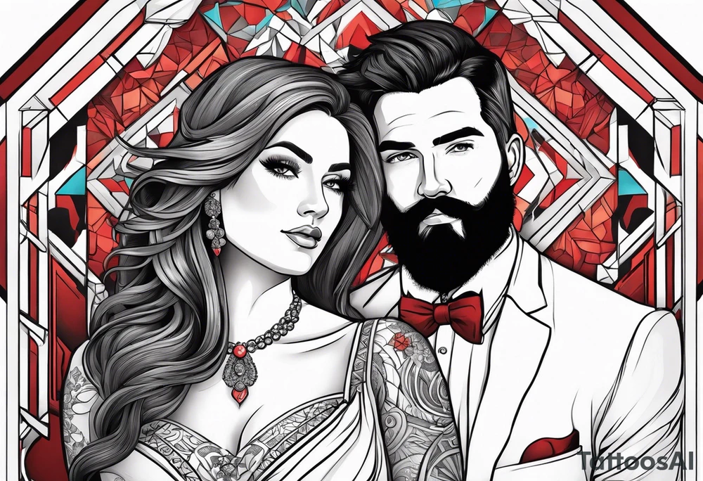 Busty red haired woman with a bearded man who has black hair getting married tattoo idea