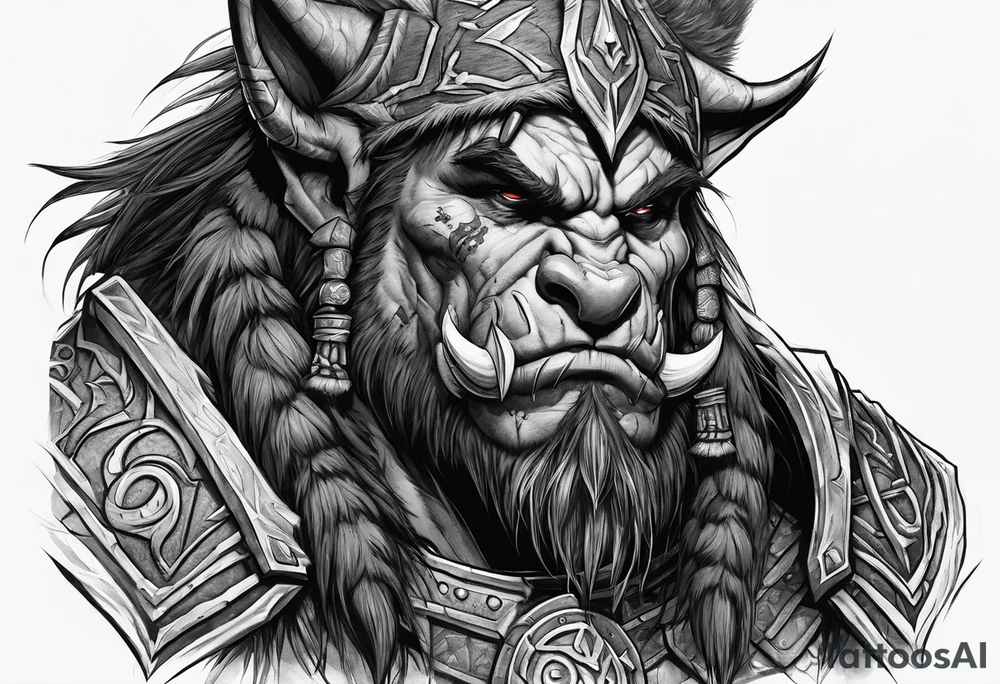 orc from world of warcraft with a dead dire wolf pelt on its head tattoo idea