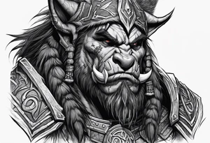 orc from world of warcraft with a dead dire wolf pelt on its head tattoo idea