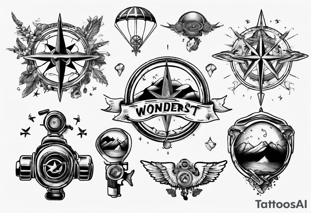 wonderlust with compass and skydiving and guns tattoo idea