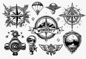 wonderlust with compass and skydiving and guns tattoo idea