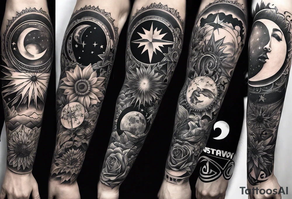Collage for full left arm sleeve with:
a sun with a quarter moon,
2 stars,
bass guitar,
caduceus symbol tattoo idea
