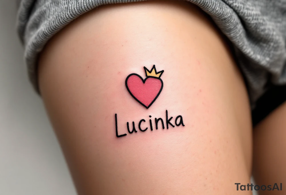 A minimal black line heart with a tiny crown above the name Lucinka. tattoo idea