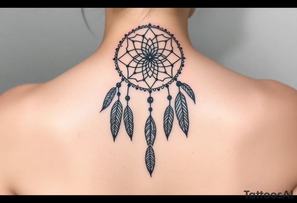 native dreamcatcher with flowing lines made of a discreet connection of morse code ".--- .- --.     .-.. ... -.- .- .-.   -.. .. --.     .-.. .. .-.. .-.. . -... .-. --- .-. connected to flowing feathers tattoo idea