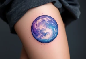 A galaxy-inspired Earth in swirling blues and violets floats in space with tiny white starbursts. tattoo idea