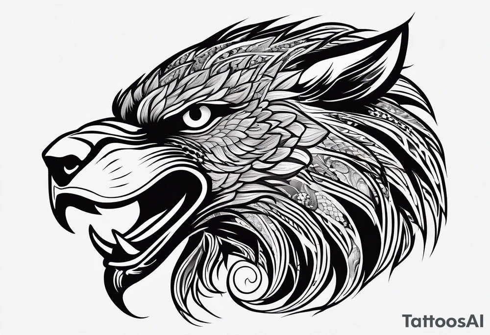 Eagle, Tasmanian devil, black swirl filler, snake, leg sleeve tattoo idea