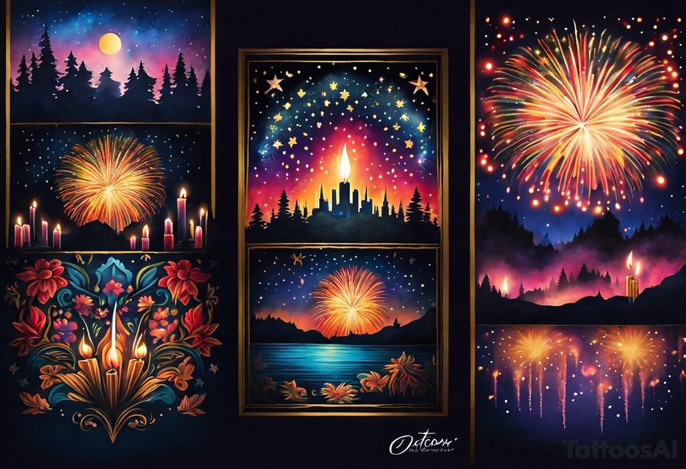 Fireworks burst across the night sky, surrounded by glowing candles and stars, capturing the magic and nostalgia of Colombian December nights. The scene is vibrant with multi-colored lights and an air of celebration. Soft linework mist or halos around the fireworks adds a magical, dreamy quality to the scene. The tattoo reflects joy and tradition, with an emphasis on warmth and festivity. tattoo idea