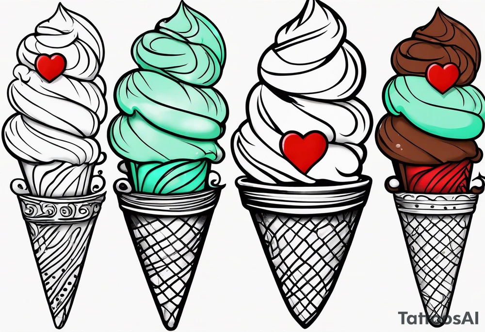 simple mint chocolate chip ice cream cone with small red heart on it somewhere. tattoo idea