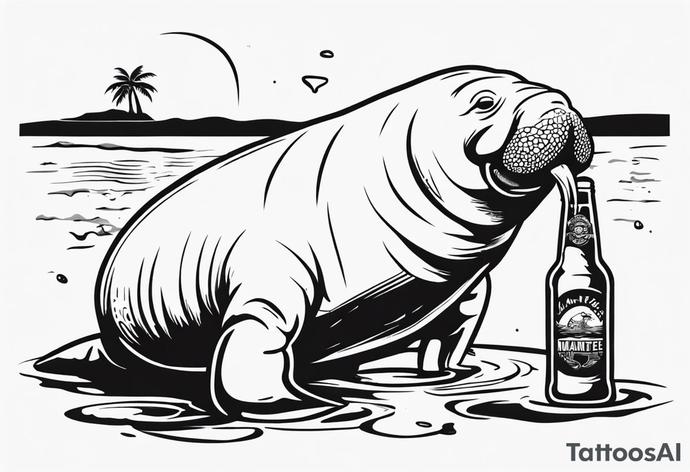 a manatee drinking beer while chilling on the beach tattoo idea
