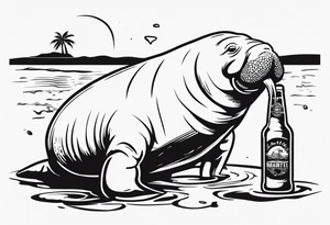 a manatee drinking beer while chilling on the beach tattoo idea